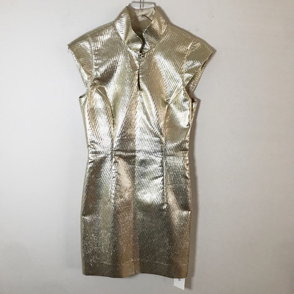 Milly Gold Metallic Mini Dress | Structured High Neck Cocktail Dress